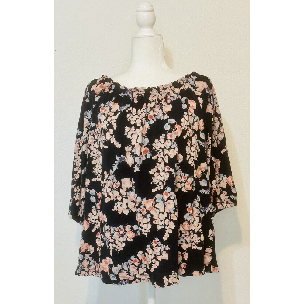 J. Jill Women's Size XL Black Floral Short Sleeve Blouse Boho Whimsigoth Office